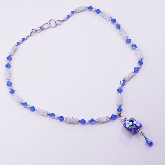 18”, handmade Sterling 925 silver pearl necklace blue beads glass flower