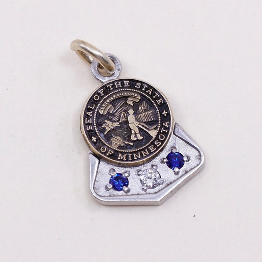 vtg sterling handmade traveler pendant, 925 Minnesota state tag with sapphire