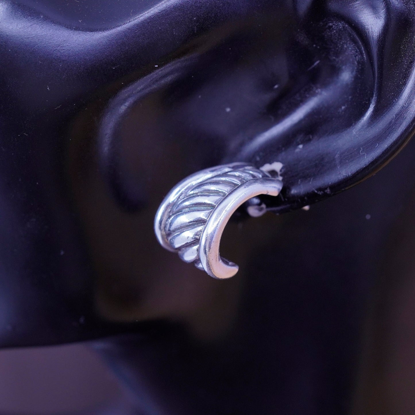 1”, vintage Mexico Sterling silver handmade earrings, 925 ribbed hoops, huggie