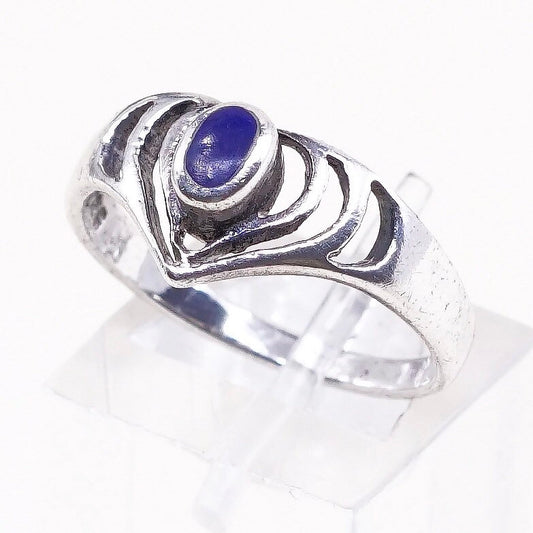 Size 7.5, vtg sterling 925 silver handmade ring, oval blue onyx