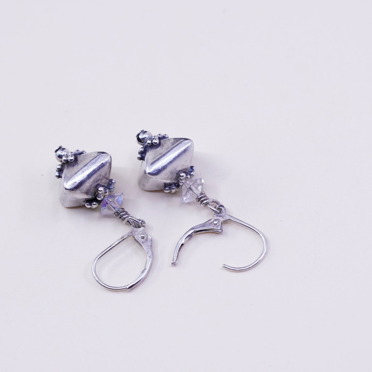 Vintage Sterling 925 silver handmade earrings, cube dangle with crystal bead, silver tested