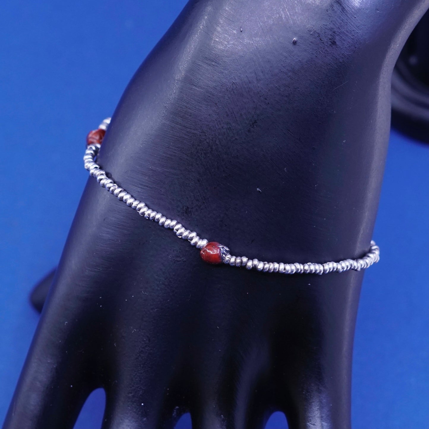 7”, vintage sterling 925 silver handmade beads and red bead bracelet