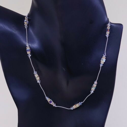 16”, Vtg handmade Linen necklace W/ Crystal Beads N Sterling 925 Silver Clasp