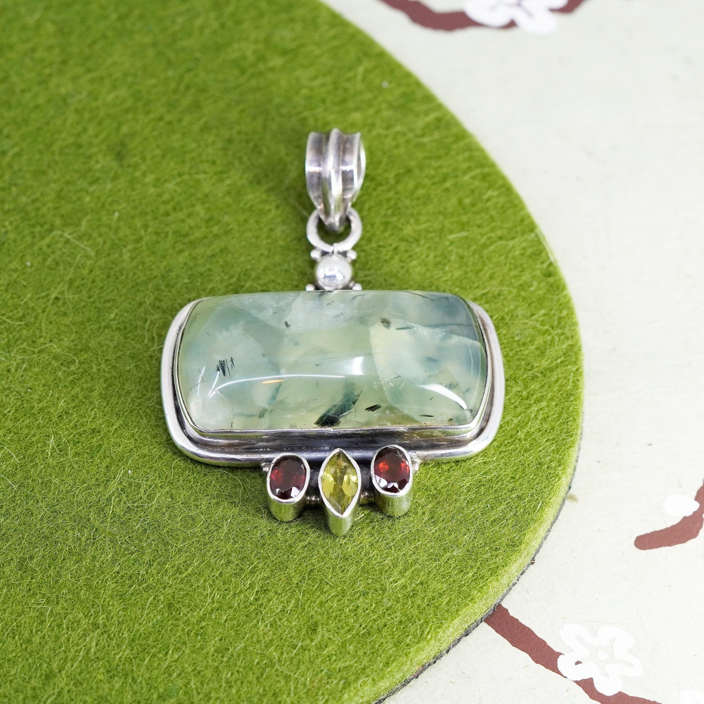 Vintage Sterling 925 silver handmade pendant with prehnite peridot and ruby