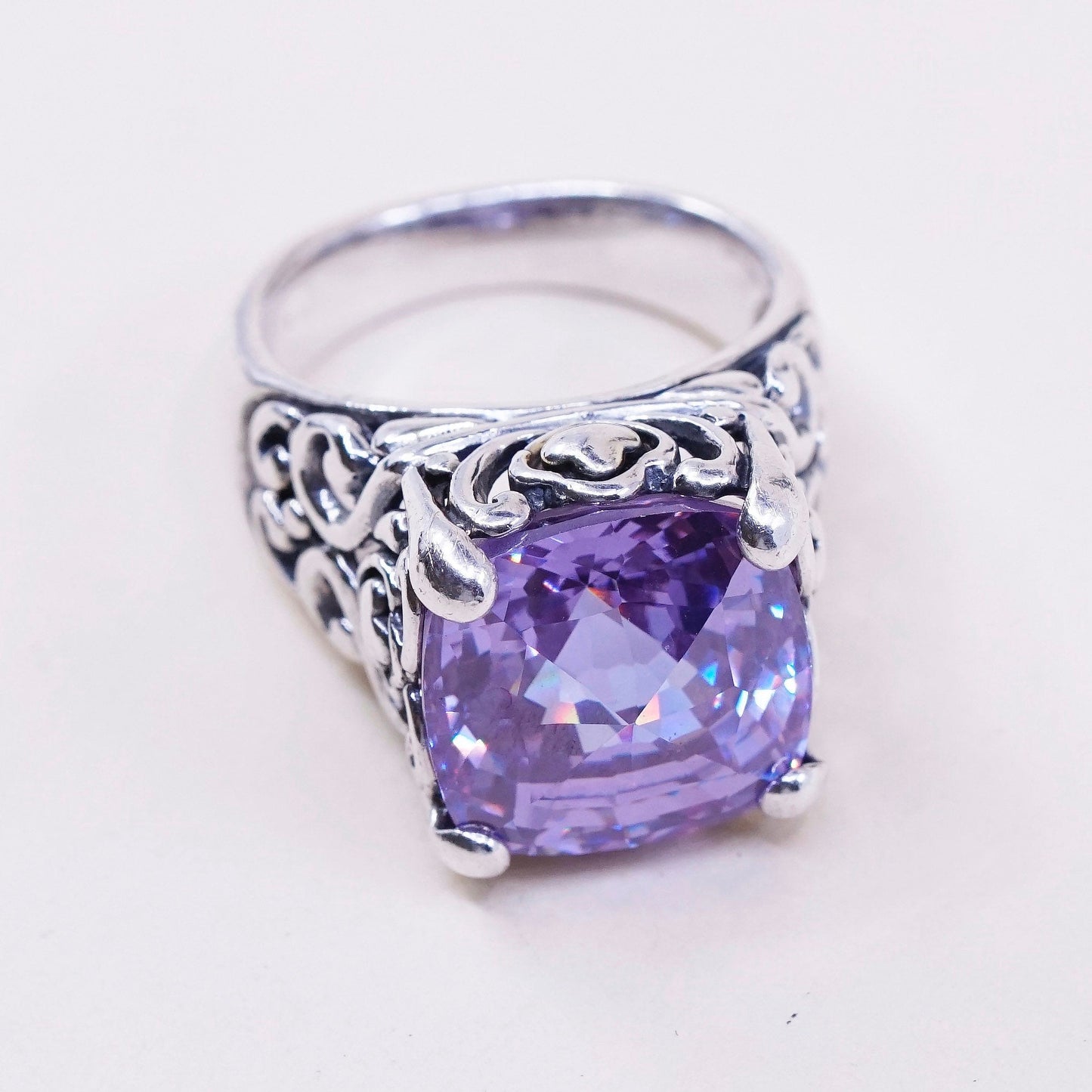 sz 6.5, vtg sterling 925 silver handmade cocktail ring w/ amethyst N filigree