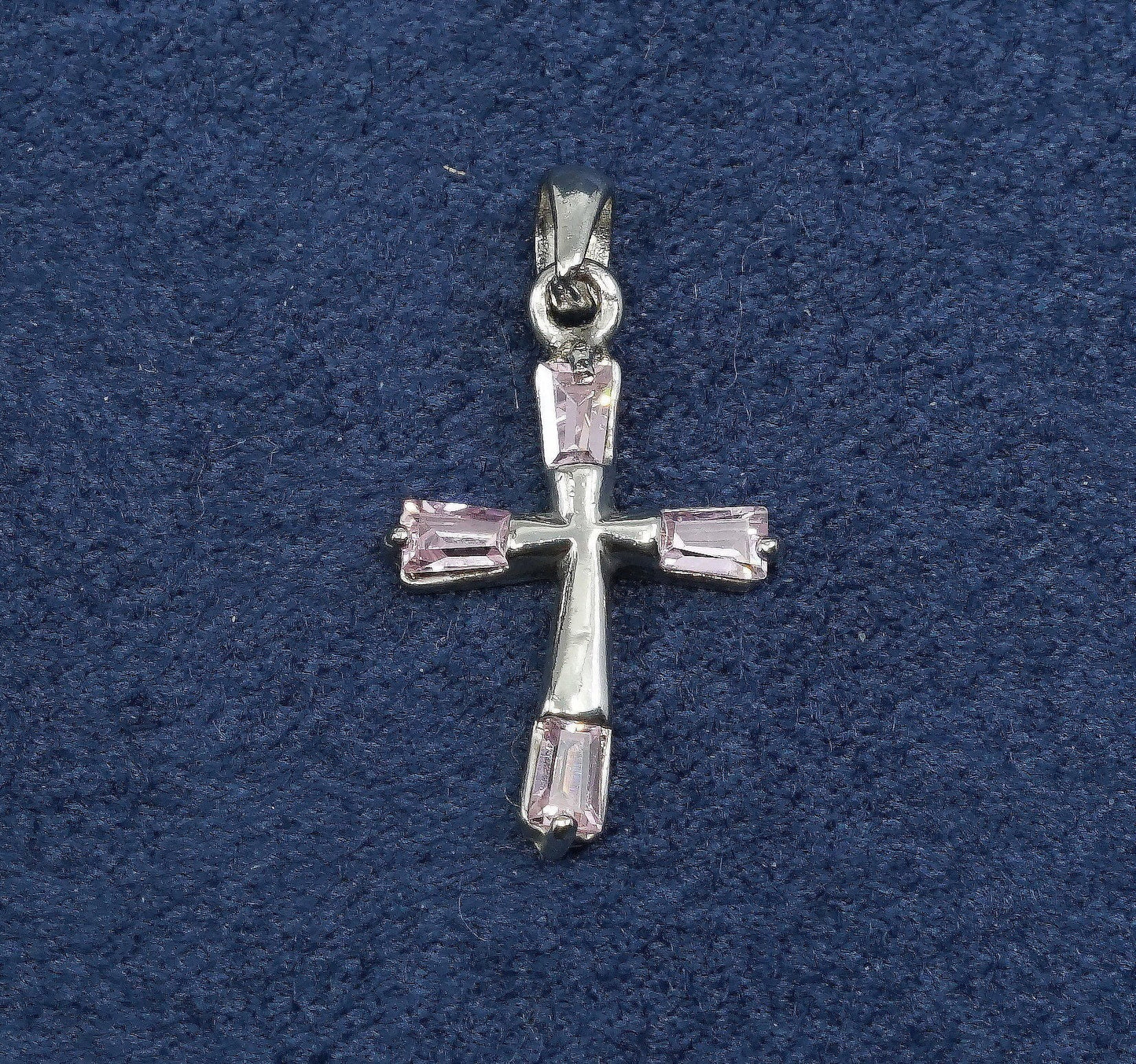 vtg Sterling silver handmade pendant, 925 cross w/ pink crystal