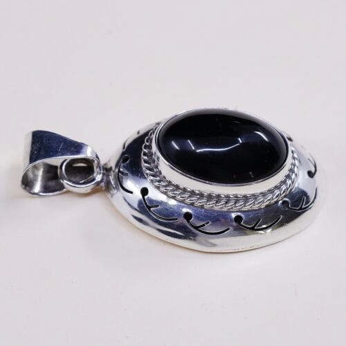 Vtg Sterling Silver Handmade Pendant solid 925 silver w/ Obsidian N Cable Around