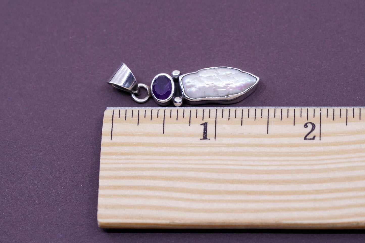 vtg Sterling silver handmade pendant, 925 slide pendant with amethyst and pearl