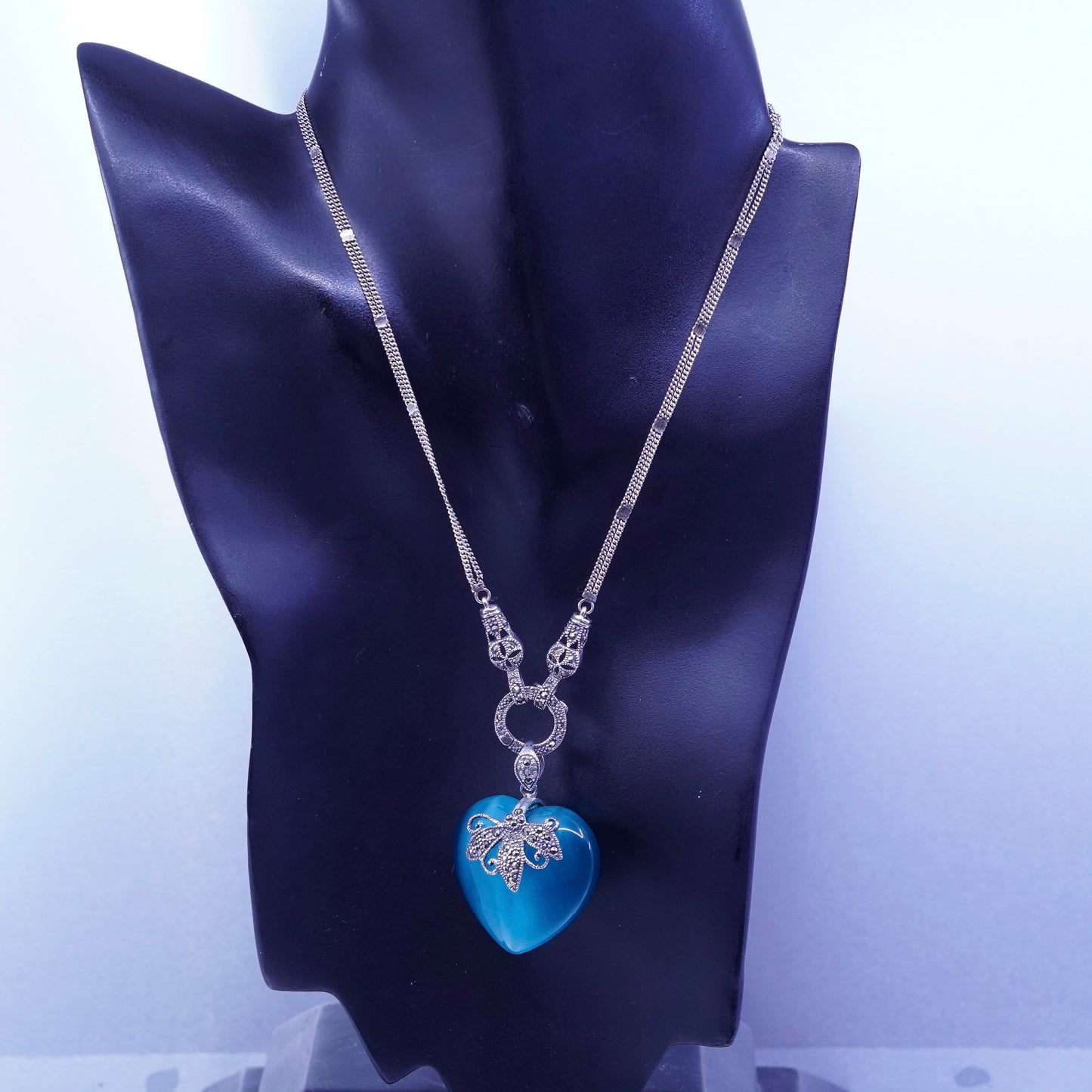 15” art deco Sterling 925 silver necklace blue cat eye heart pendant Marcasite