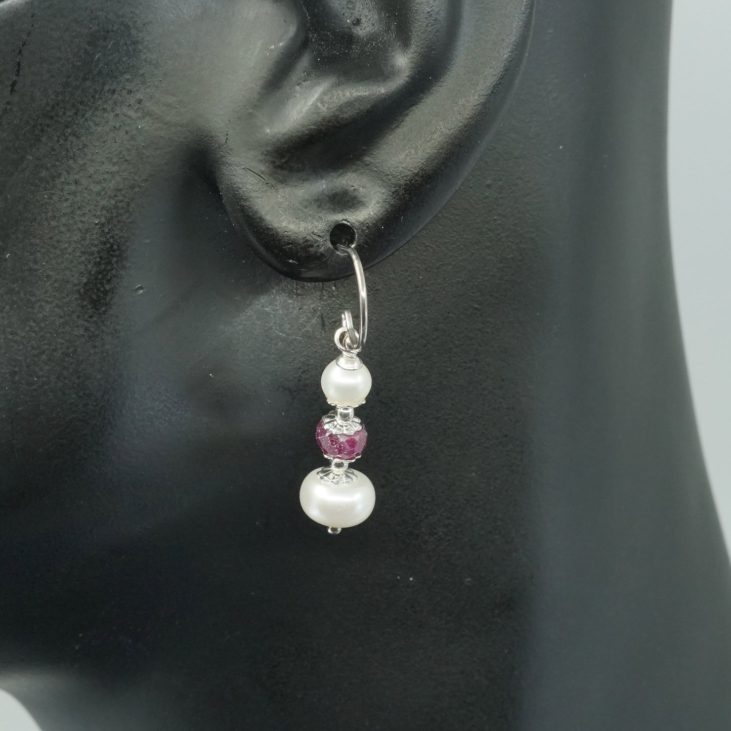 vtg Sterling silver handmade earrings, 925 w/ pearl N ruby crystal drops