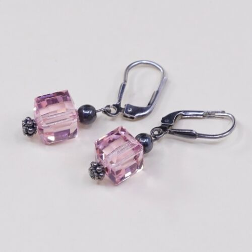 Vtg Sterling silver Handmade earrings w/ Pink Crystal Beads, Stamped 925