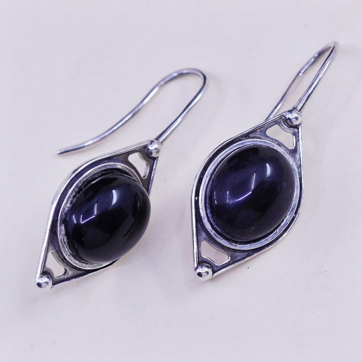 Vintage Sterling 925 silver handmade earrings with oval obsidian, elegant