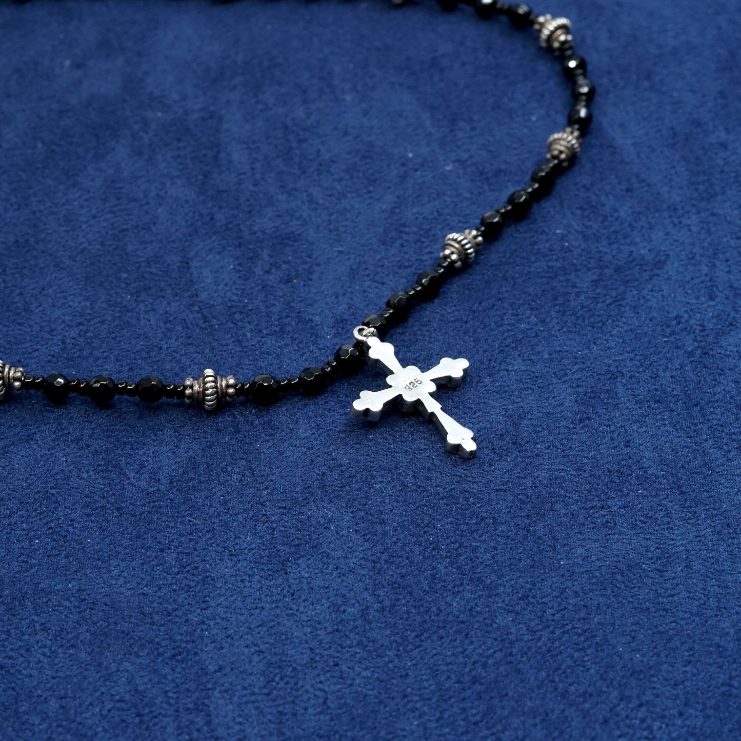 16", Sterling silver necklace, obsidian chain w/ 925 cross pendant N marcasite