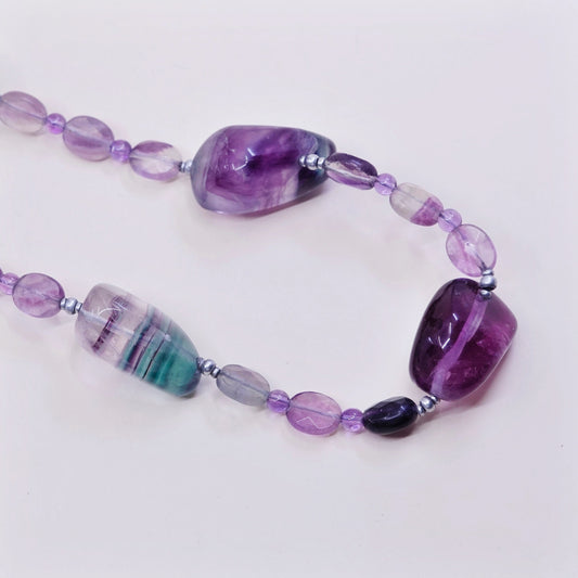 24”, Native American fluorite nugget and sterling 925 silver beads necklace