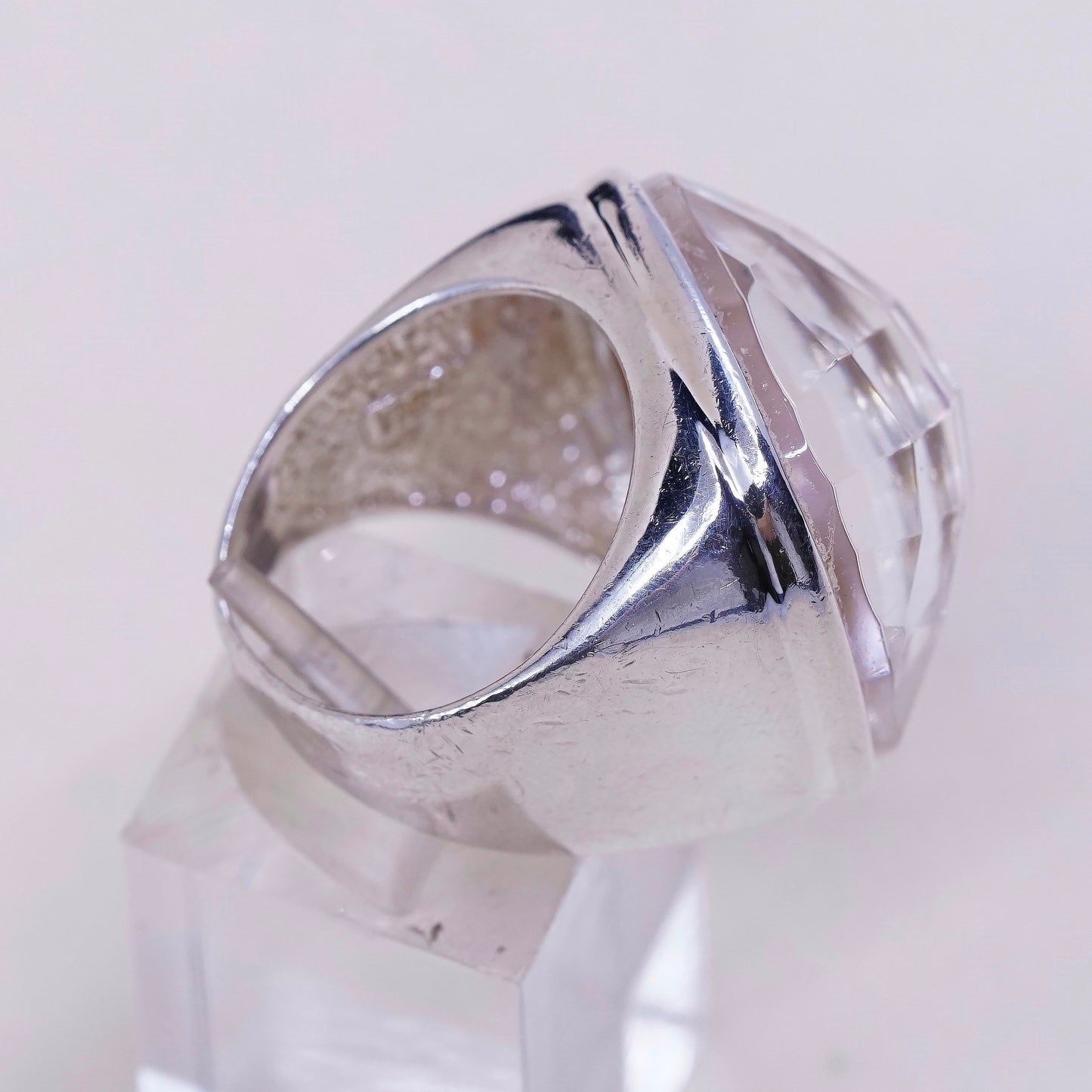 sz 7, vtg sterling 925 silver handmade statement ring w/ pink glass stone