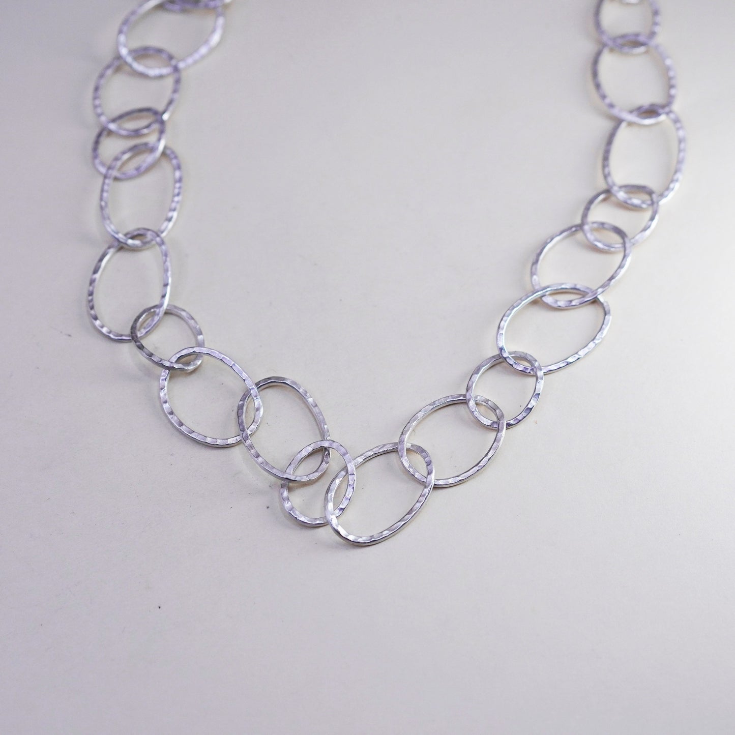 24” vintage Sterling 925 silver handmade necklace, matte textured oval chain