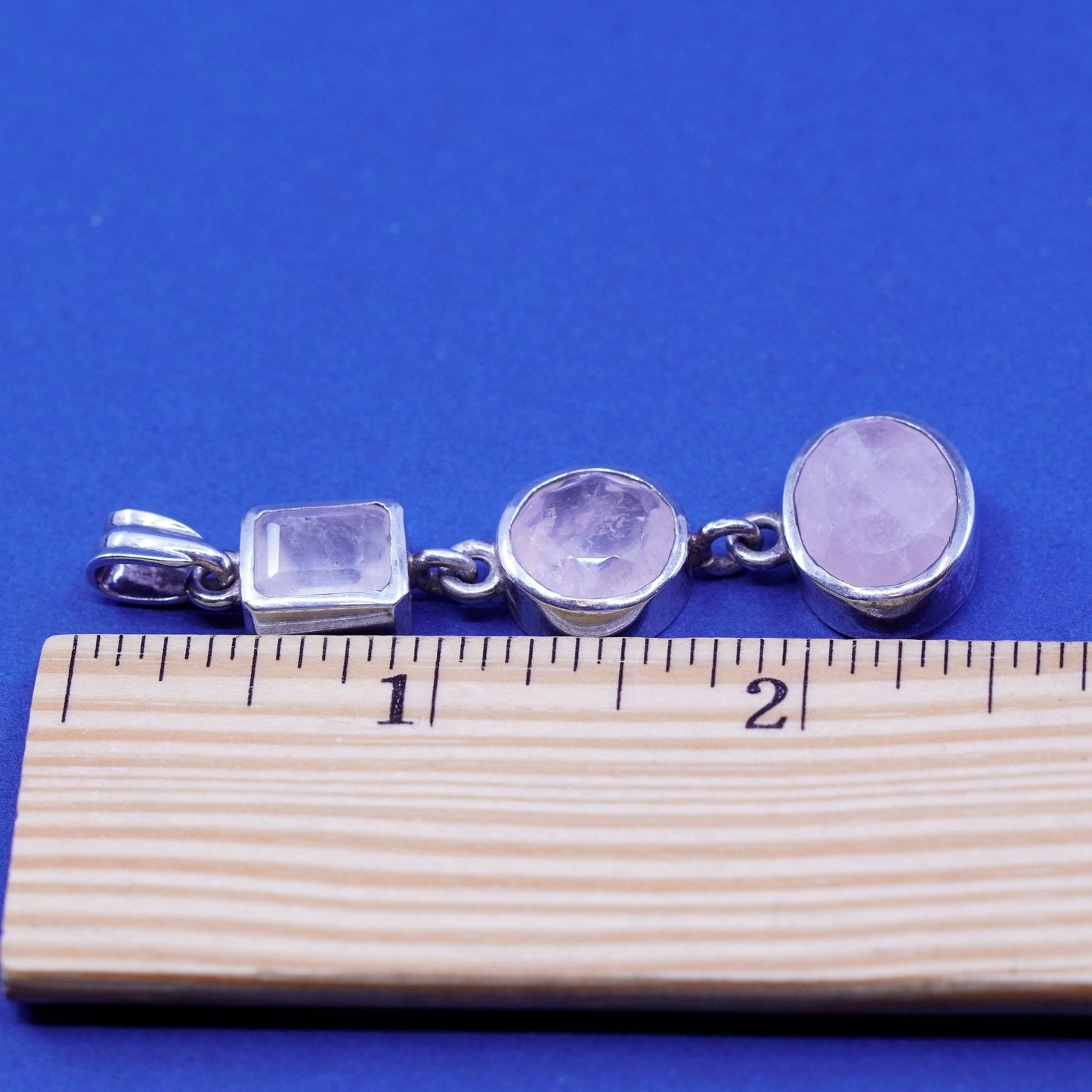 Vintage sterling silver handmade pendant, 950 w/ round rose pink Quartz