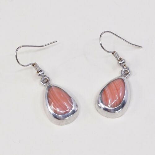 Vtg Sterling Silver handmade Earrings, 925 Silver W/ Orange Agate Inlay