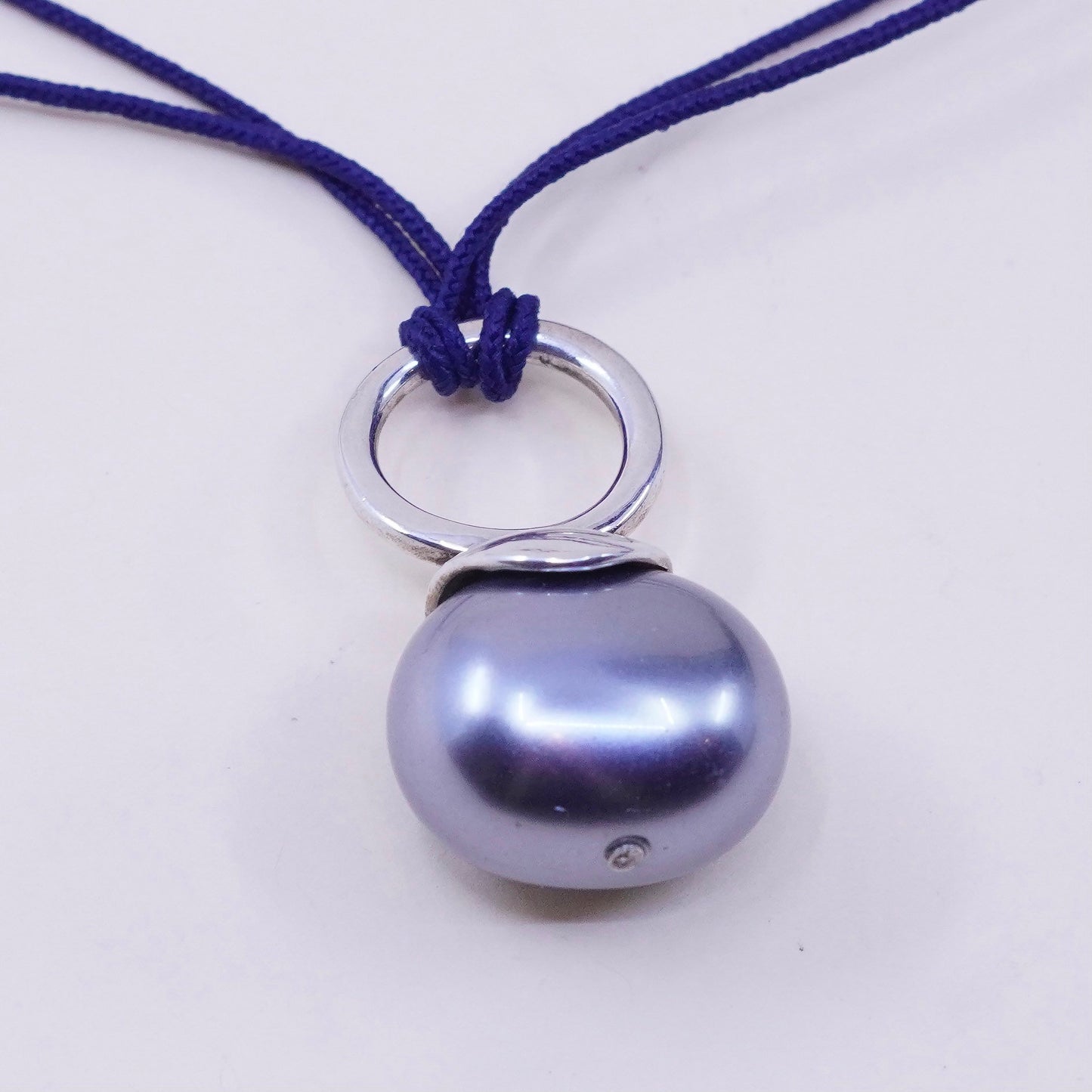 18”, blue Linen necklace W/ black pearl pendant and Sterling 925 Silver Clasp