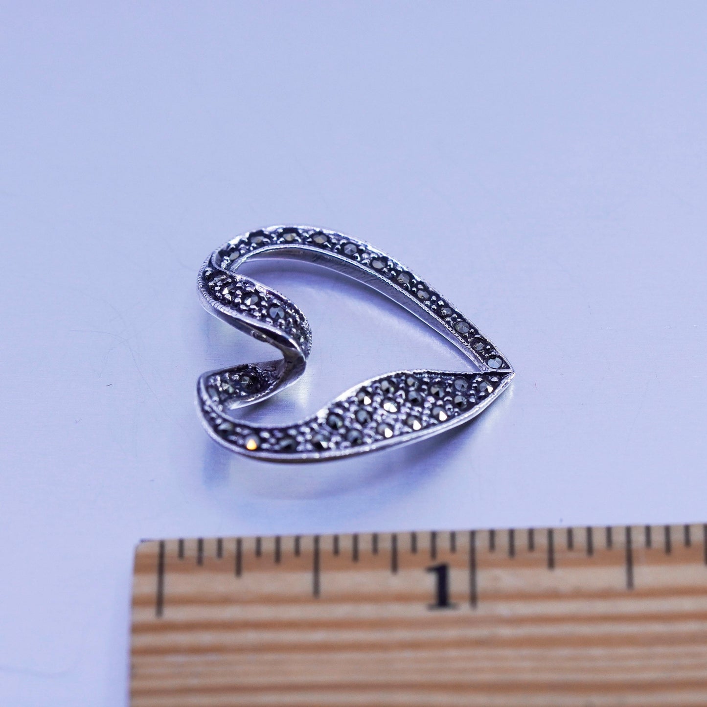 antique sterling 925 silver heart pendant with marcasite