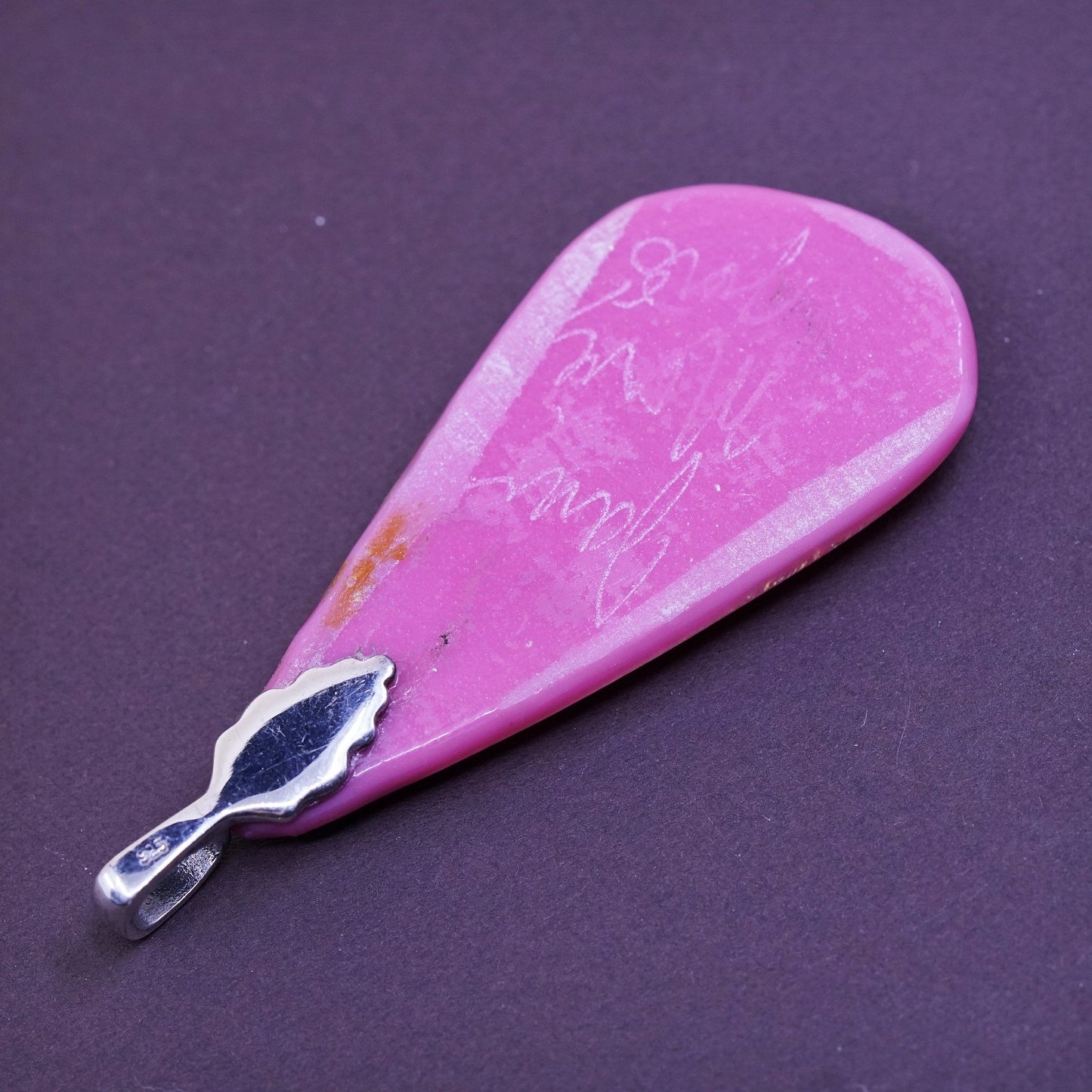 vtg Sterling silver handmade pendant, 925 w/ teardrop pink foil glass