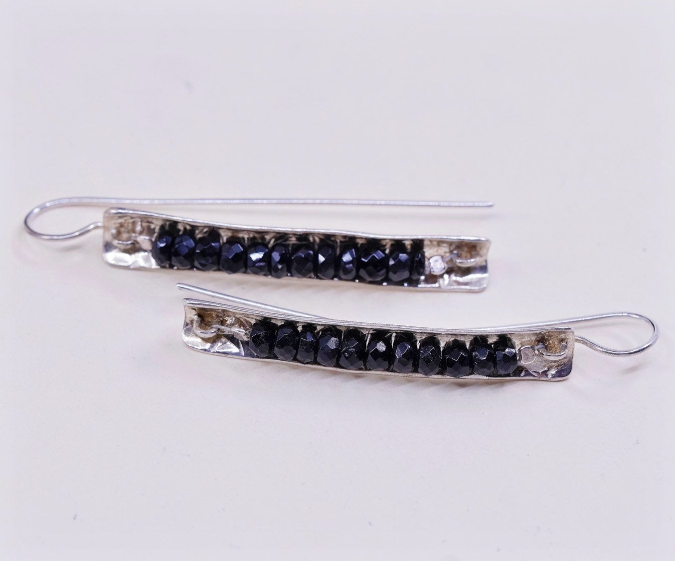 vtg Sterling silver handmade earrings, 925 w/ long obsidian beads, elegant
