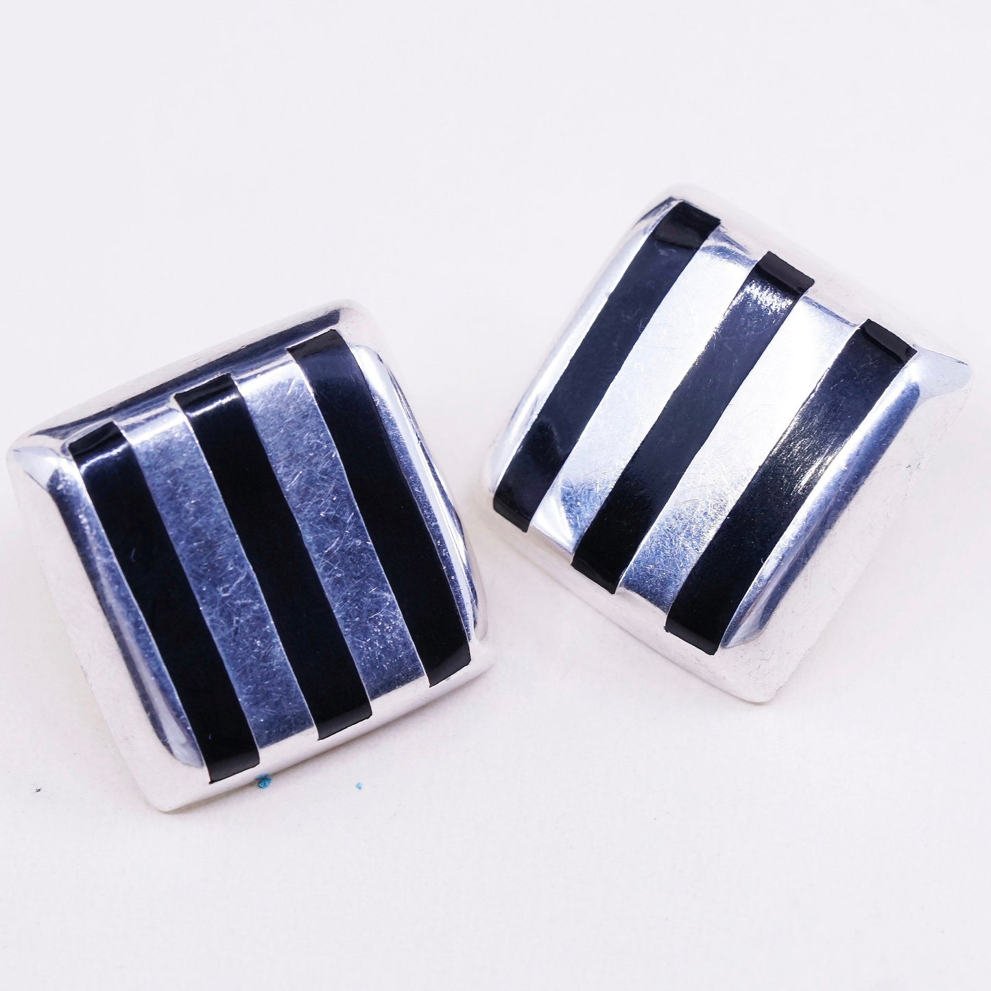 vtg Sterling silver handmade earrings, Mexico 925 square studs with obsidian