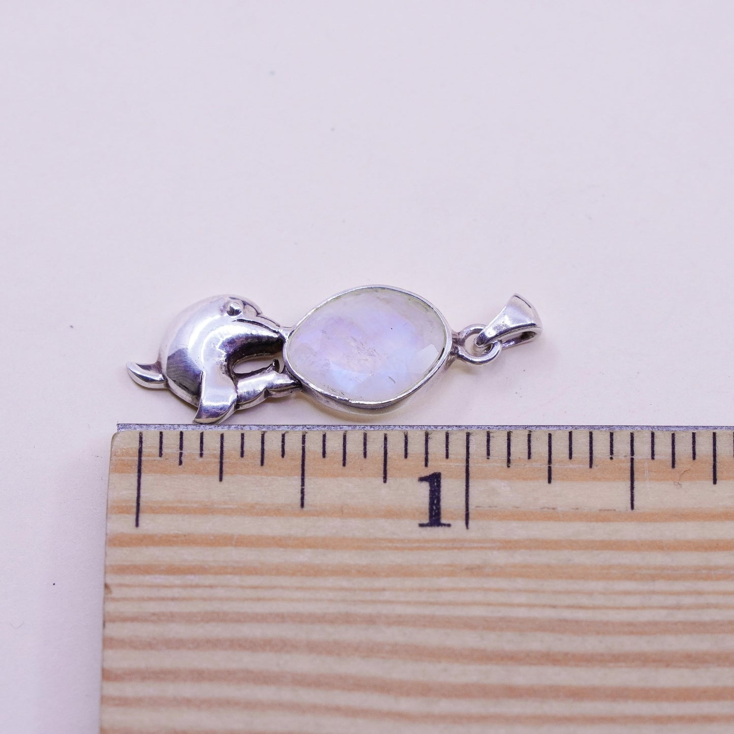 Vintage Sterling 925 silver handmade dolphin pendant with moonstone