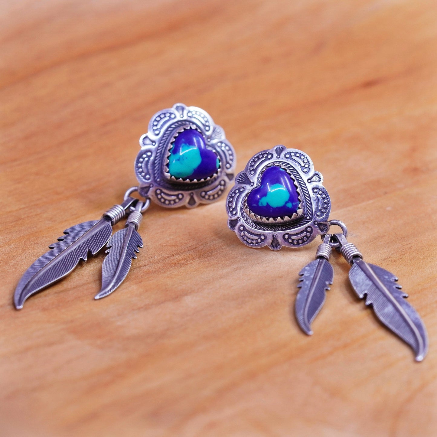 vtg Quoc Turquoise Q.T. Sterling Silver Handmade Earrings, 925 heart azurite
