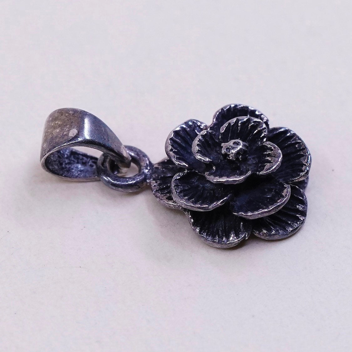 VTG Sterling silver handmade pendant, oxidized 925 silver flower, stamped 925