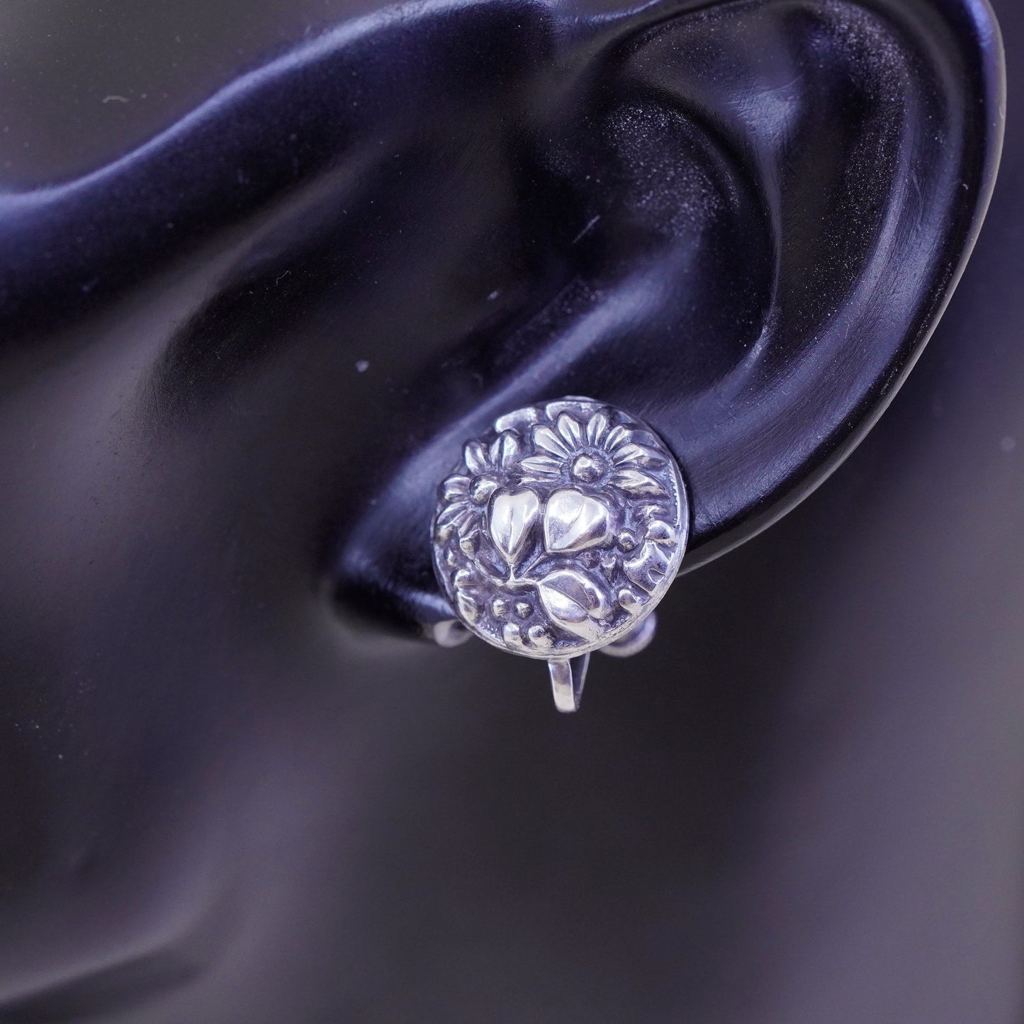 Vintage Sterling silver handmade earrings, 925 screw back flower