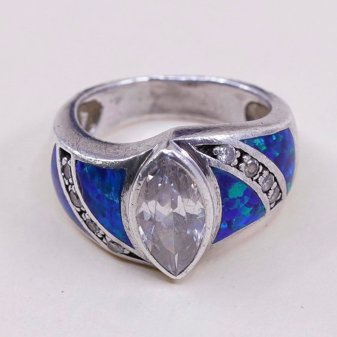 sz 5.75,vtg Sterling silver handmade ring, 925 band w/ fire opal n marquise cz