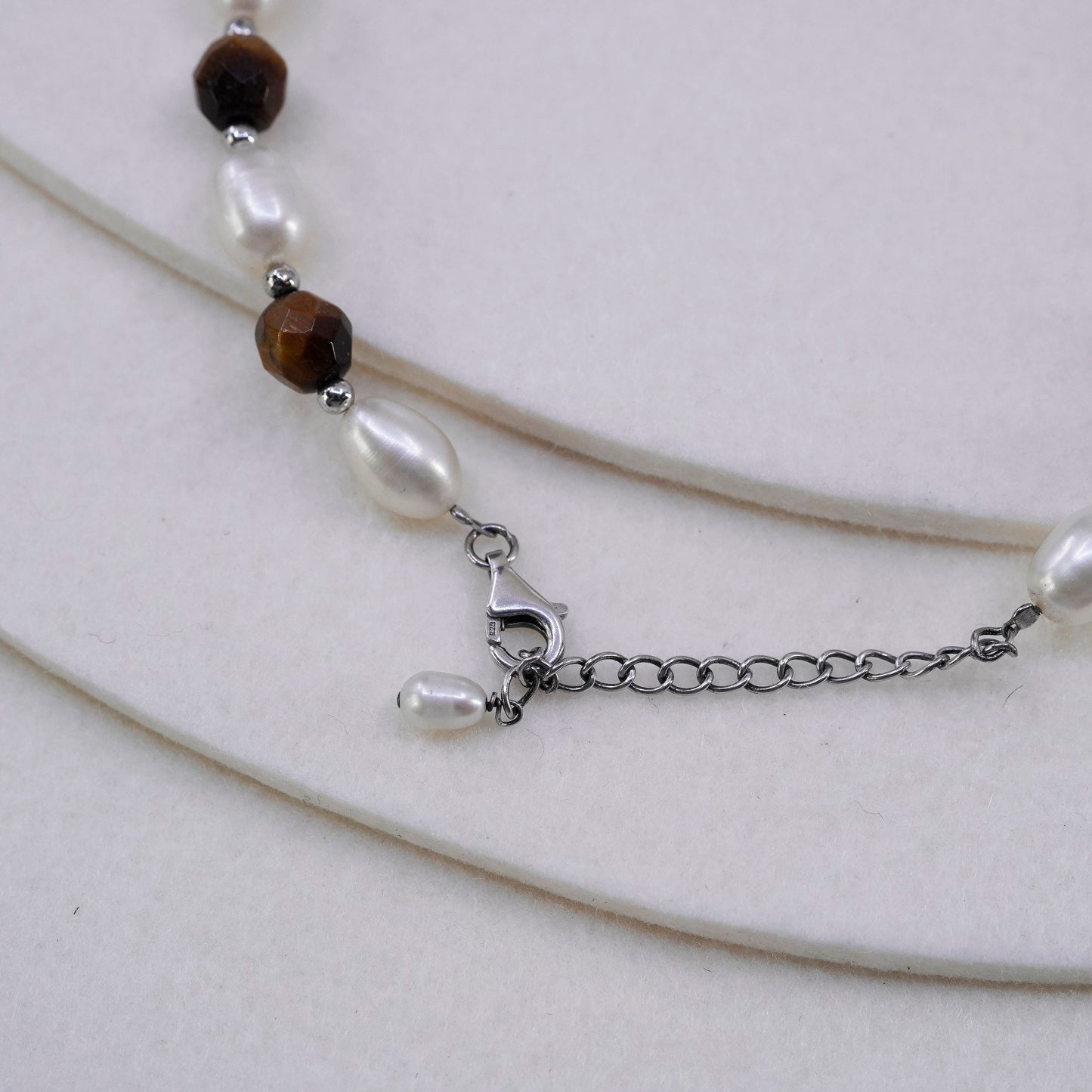 16+2”, Sterling 925 silver handmade necklace pearl golden tiger eye beads