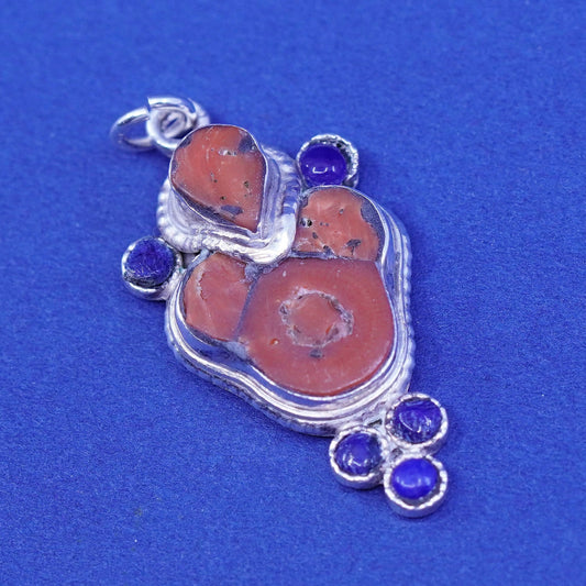 Vintage Sterling 925 silver handmade pendant with coral and lapis lazuli beads