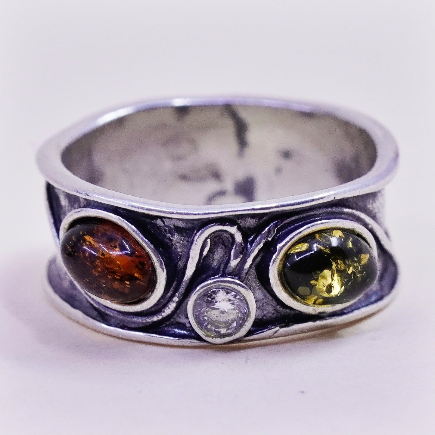 Size 6, Vintage sterling 925 silver handmade ring with Amber and cz