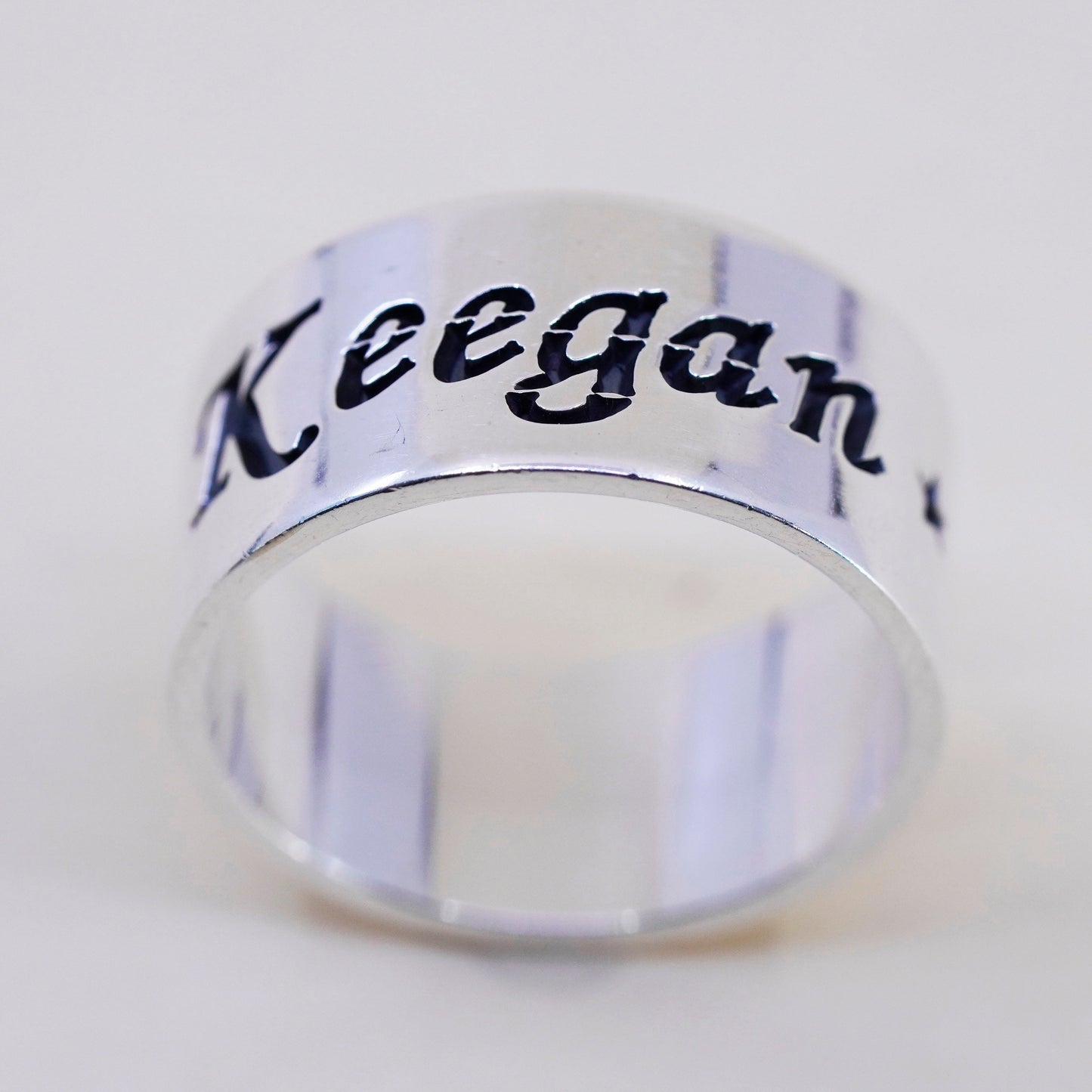 Size 13.25, Vintage sterling silver ring, 925 wide band engraved “Keegan Teal”