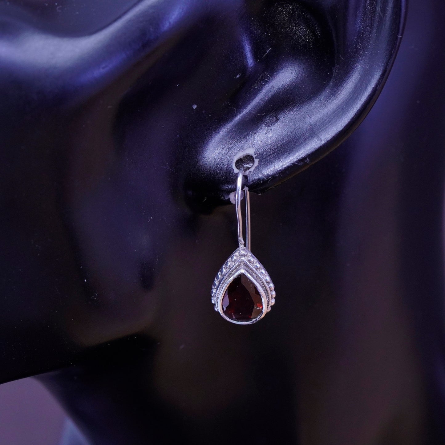 Vintage Sterling 925 silver handmade earrings with teardrop ruby and beads