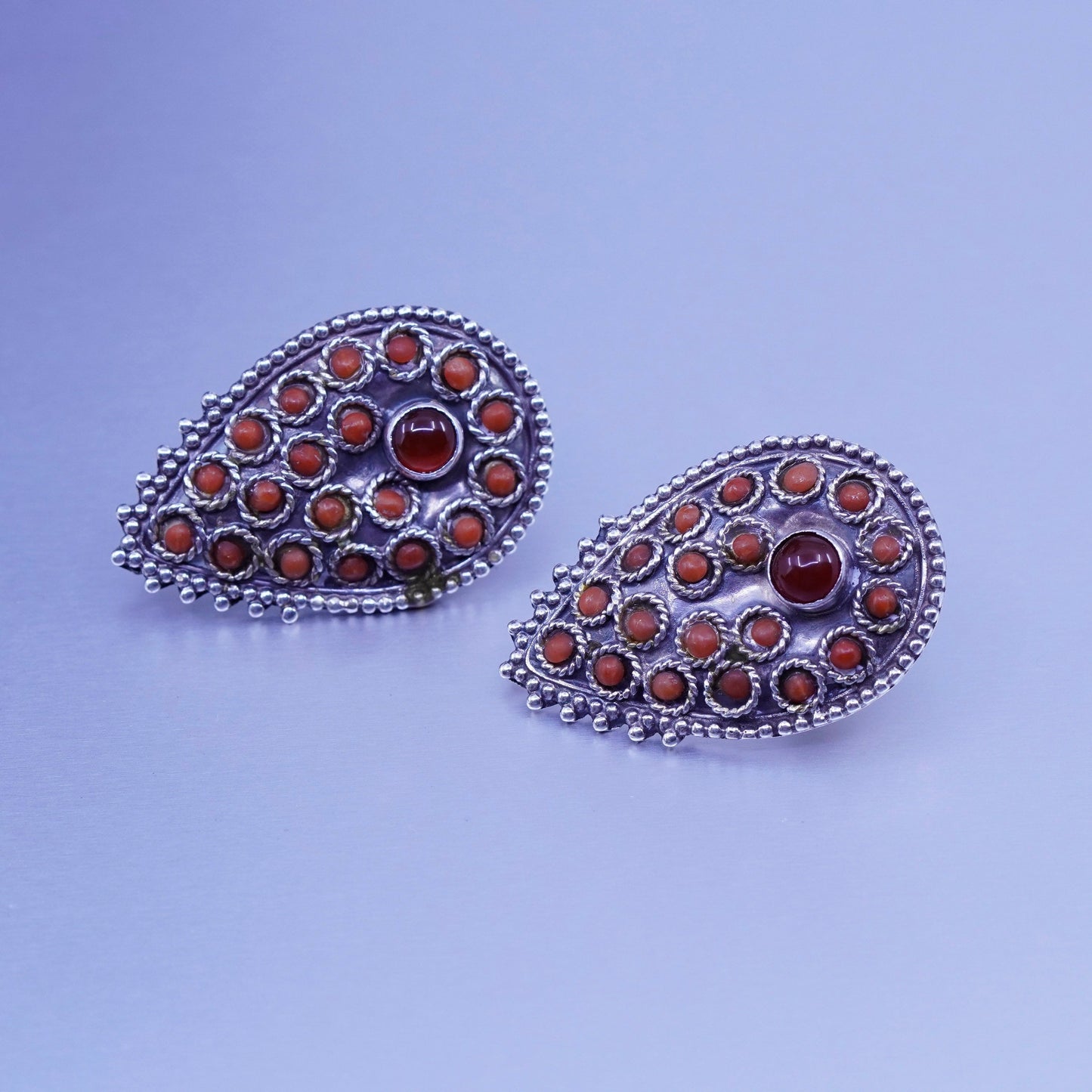 Native American Sterling 925 silver earrings, teardrop studs with coral garnet