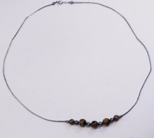 20”, Vtg Sterling handmade necklace, 925 Liquid Silver Chain W/ Golden Tiger Eye