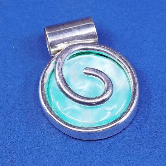 vtg Sterling silver handmade charm, 925 pendant w/ round green plastic N swirl