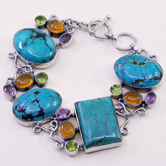 7.25”, southwestern Sterling 925 silver bracelet with dry creek turquoise amber