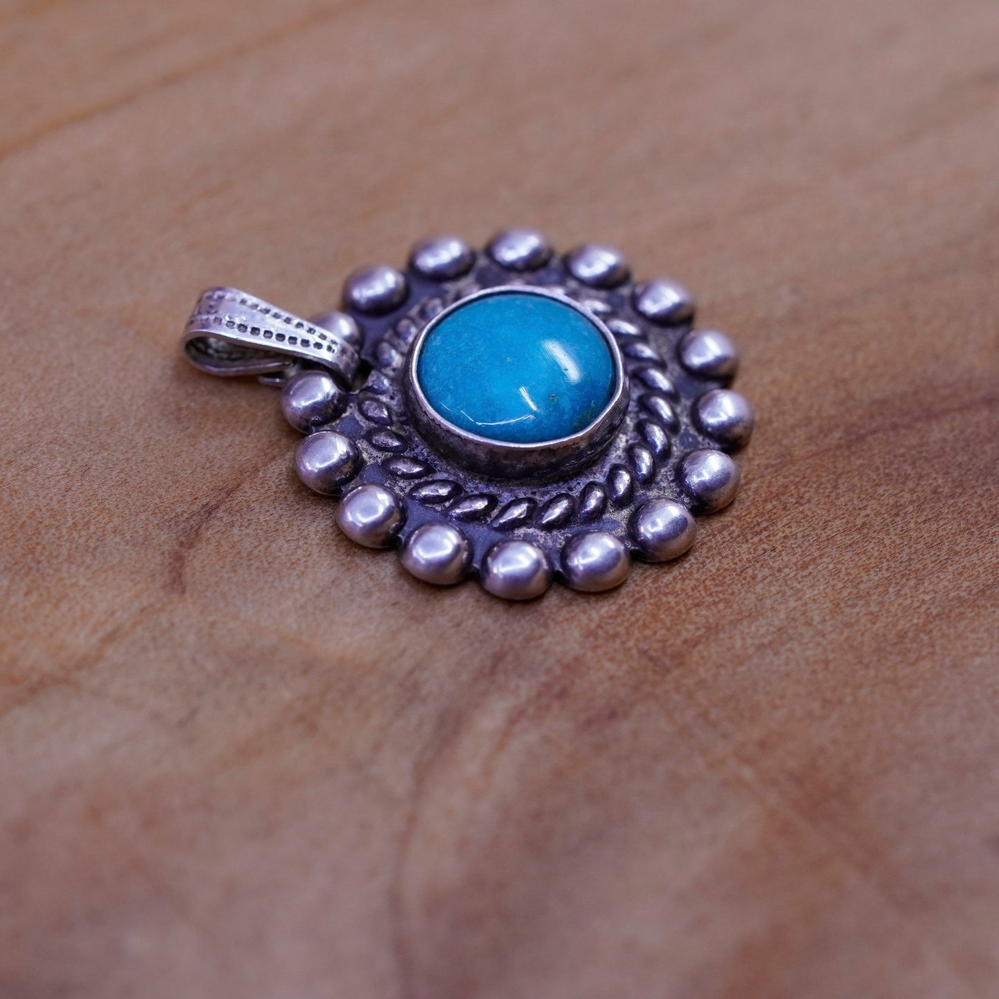 Vintage Sterling silver handmade pendant with turquoise, 925 flower with beads