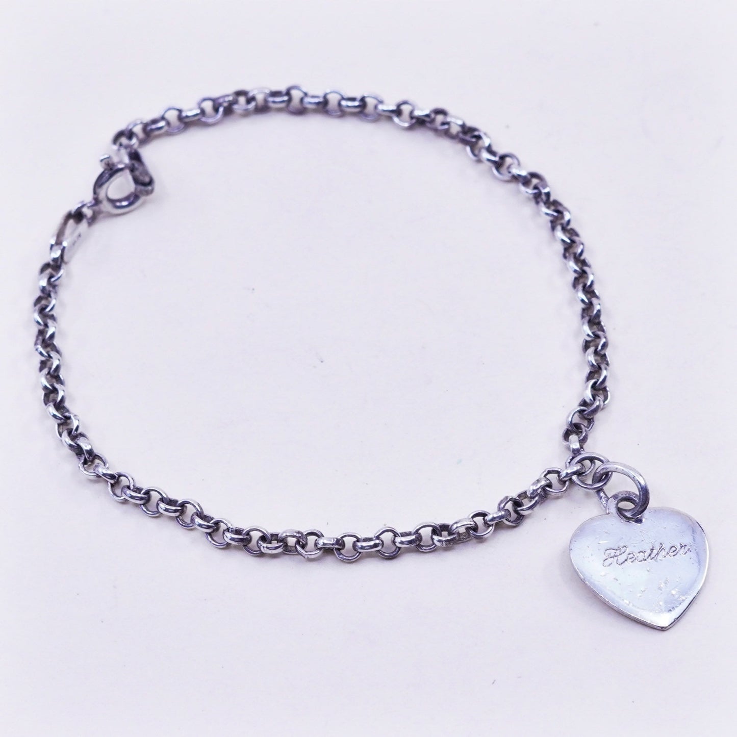 6.75”, sterling silver bracelet, 925 circle chain anklet heart charm “heather