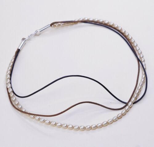 17” Vtg Sterling 925 Silver Clasp W Multi Strands Leather Necklace W/ Pearl Bead