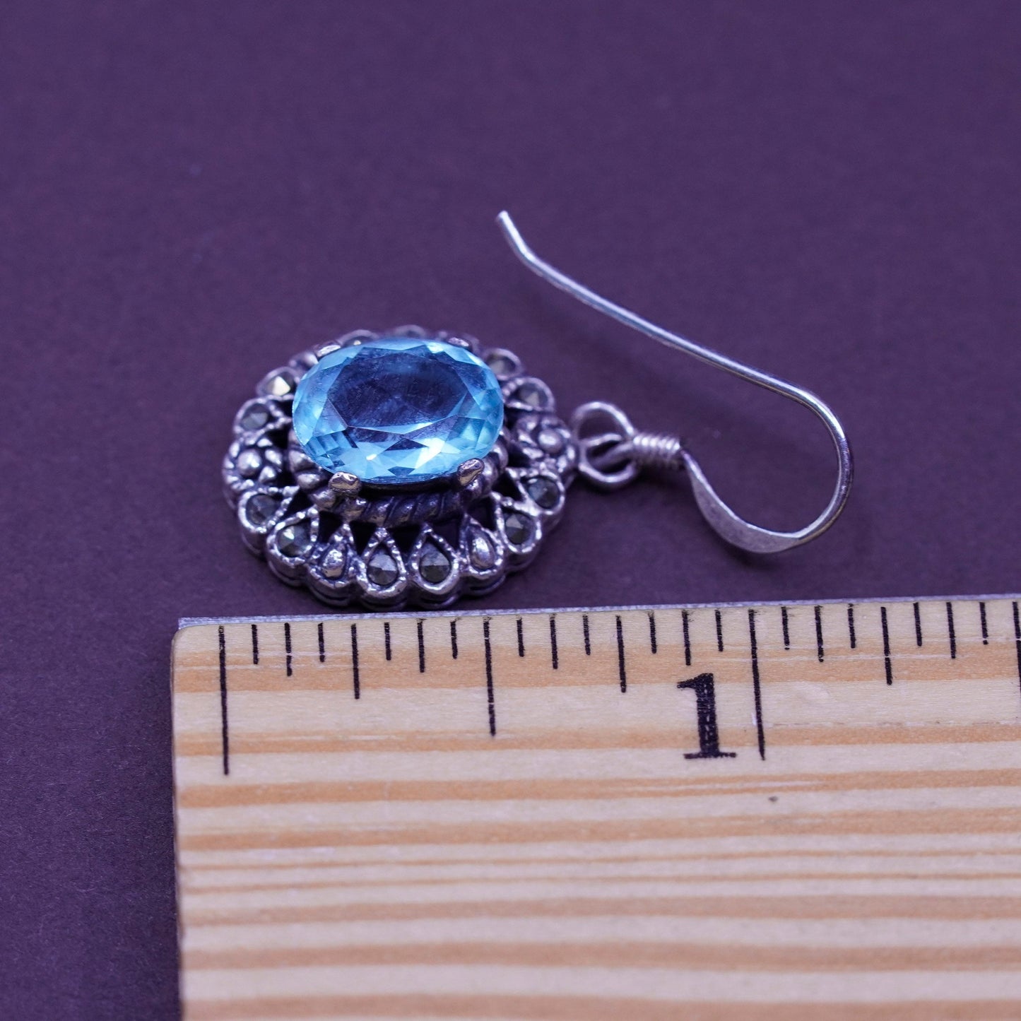 Vintage Sterling 925 silver handmade earrings with blue topaz and marcasite