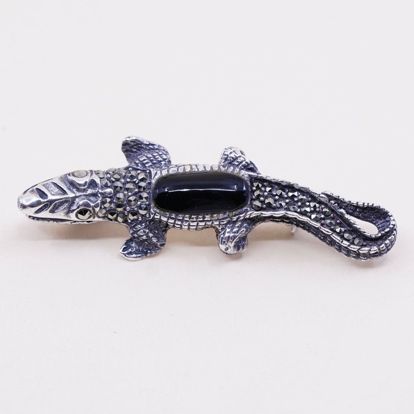 vtg Sterling 925 silver alligator crocodile brooch w/ obsidian N marcasite