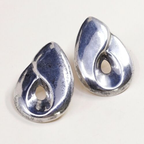 Vtg Sterling silver handmade Entwined Earrings, Puffy 925 circle Studs