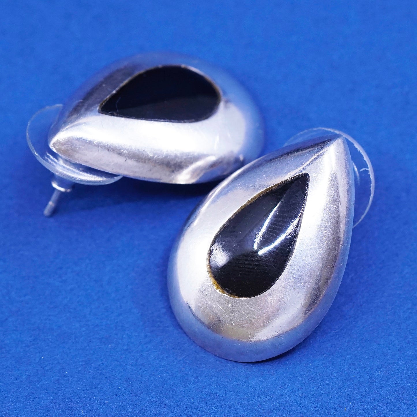 vtg sterling silver handmade earrings, 925 Teardrop studs w/ onyx