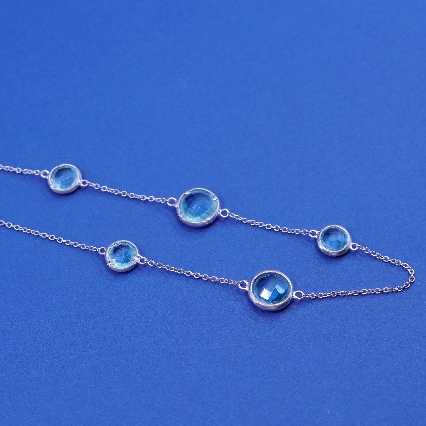 16+2”, vintage Sterling silver handmade necklace, 925 circle chain with blue Cz