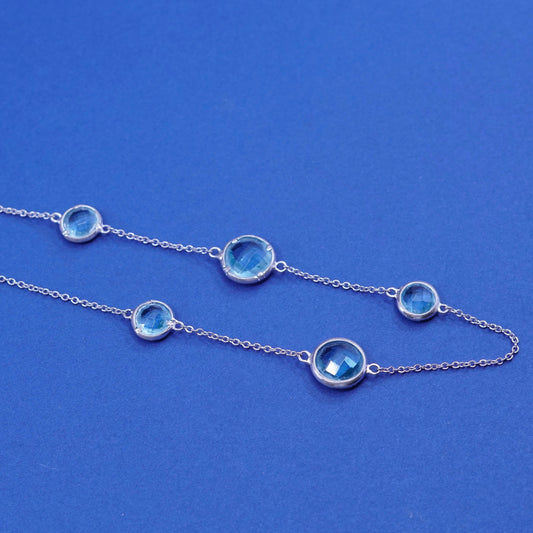 16+2”, vintage Sterling silver handmade necklace, 925 circle chain with blue Cz